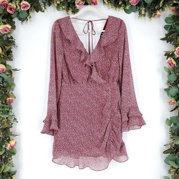 Lulus Dresses & Skirts - Lulus Zoelle Burgundy Floral Print Ruffled Long Sleeve Mini Dress